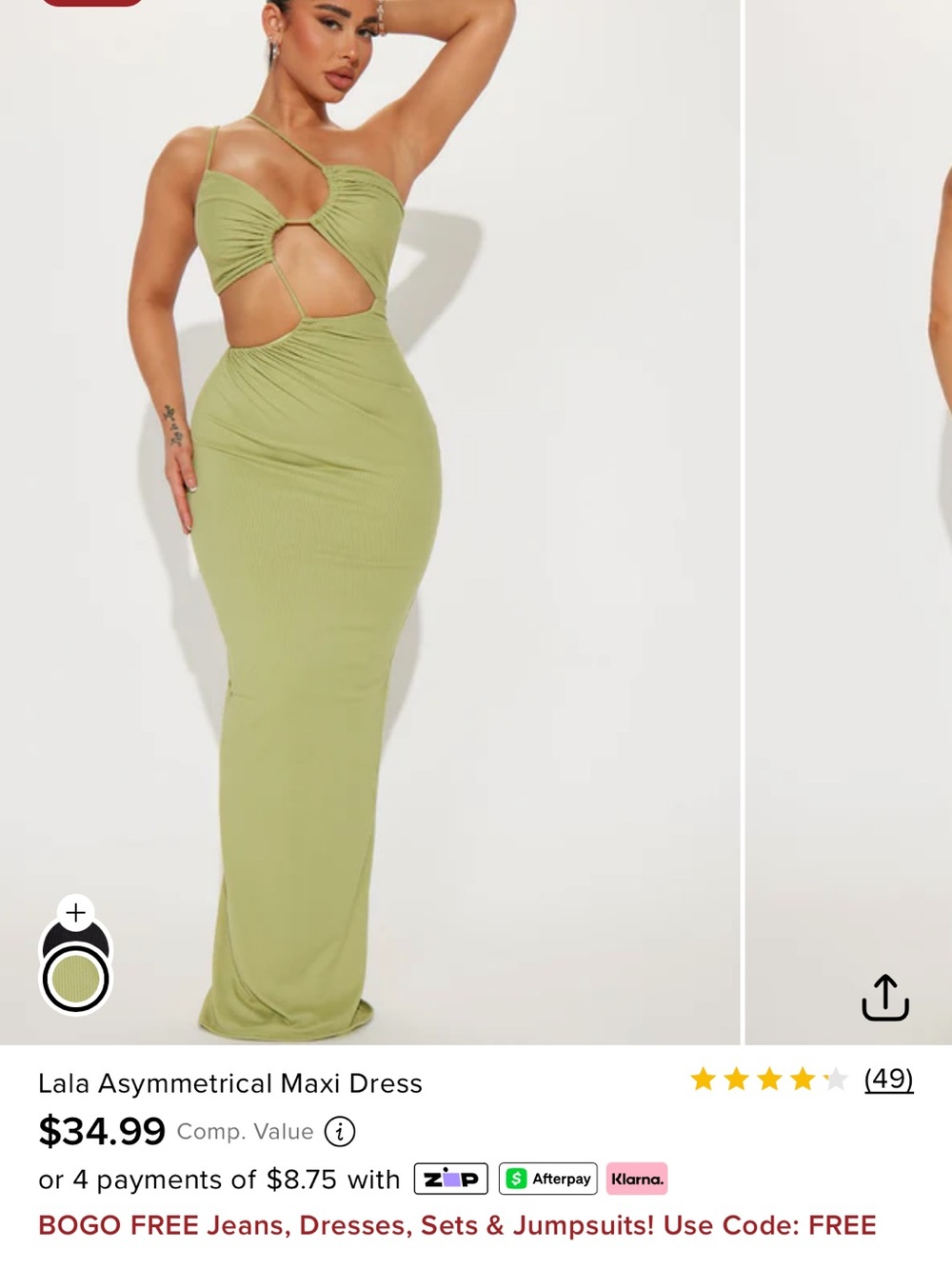 Fashion Nova Olive Green Cutout Asymmetrical Maxi Dress